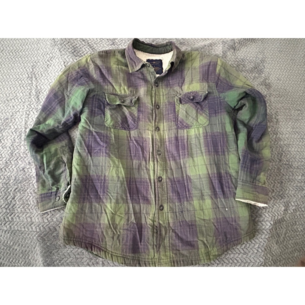 Club Room Mens Sherpa‎ Lined Plaid Flannel Shirt Jacket Green Navy Blue Large
